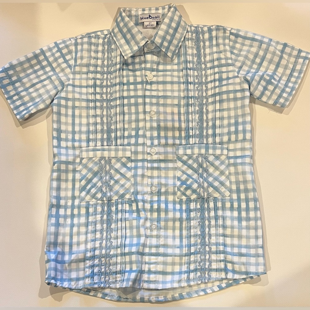 Blue and White Gingham Button Down guayabera shirt-Dress